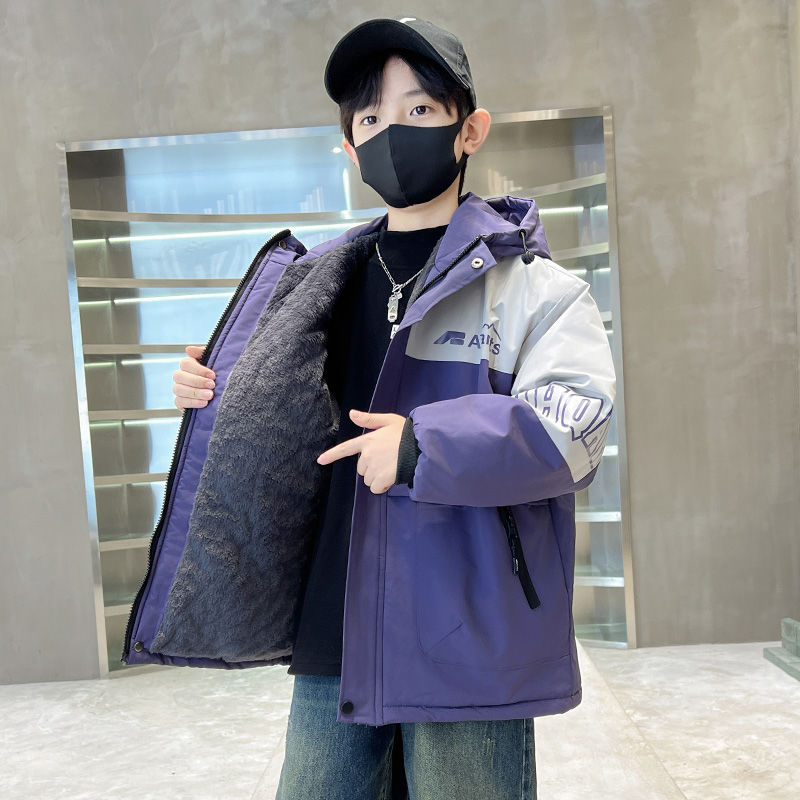 男童秋冬加絨外套2023新款洋氣男孩中大兒童裝加厚冬裝帥氣派克服