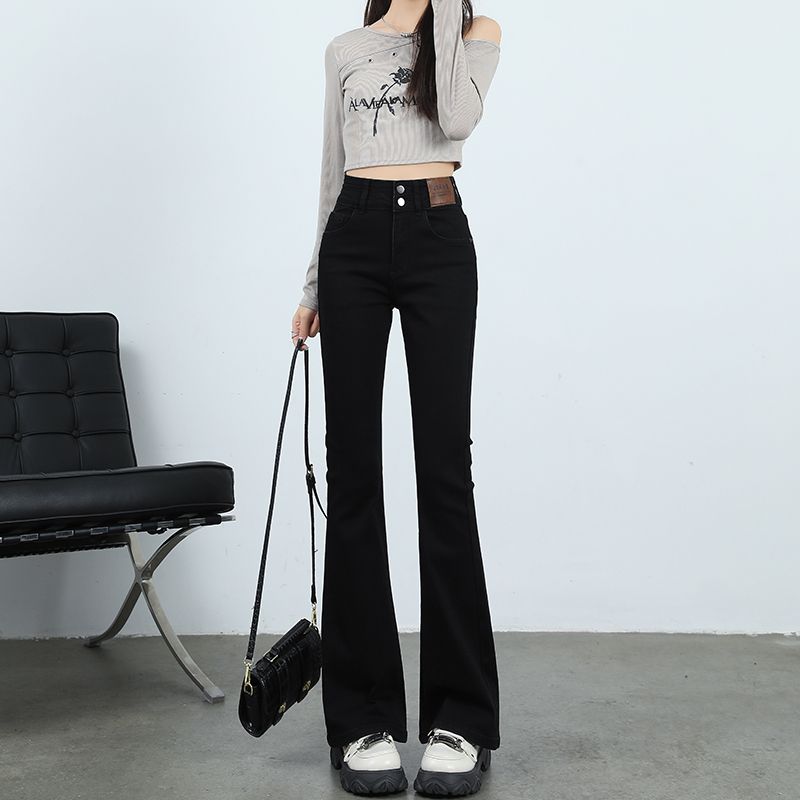 百搭黑色微喇牛仔褲女2023新款修身彈力高腰小個子顯瘦馬蹄喇叭褲