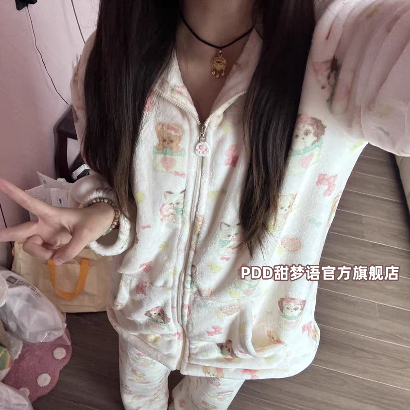 睡衣女秋冬季加厚珊瑚絨日系ins可愛小貓咪保暖法蘭絨家居服套裝