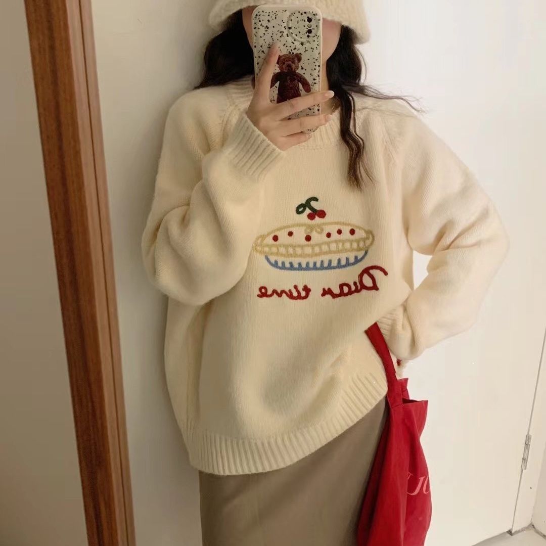 PROMONE新款韓系圓領減齡水果蛋糕提花毛衣女慵懶厚實軟糯針織衫