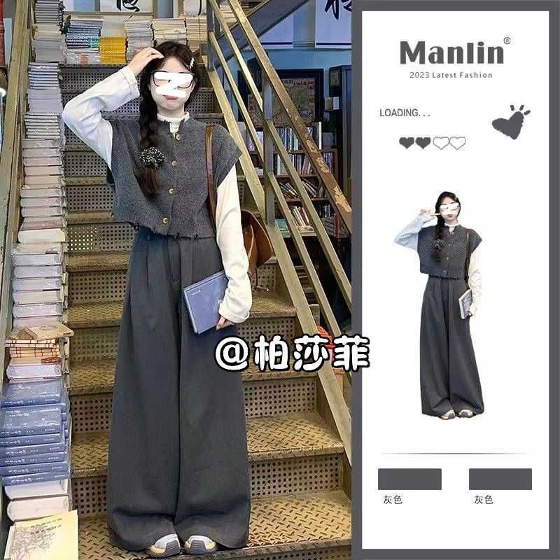 冬裝三件套炸街高領短款新款無袖灰色馬甲毛衣套裝高腰直筒西褲子