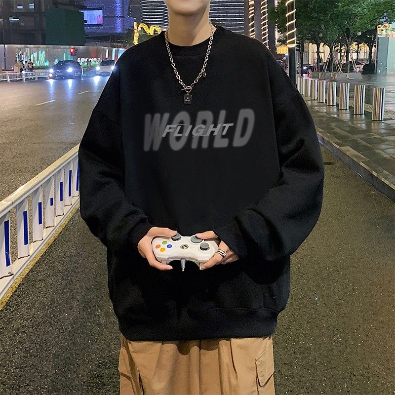 美式重磅加絨加厚款圓領衛衣男秋冬季oversize寬鬆長袖打底上衣服