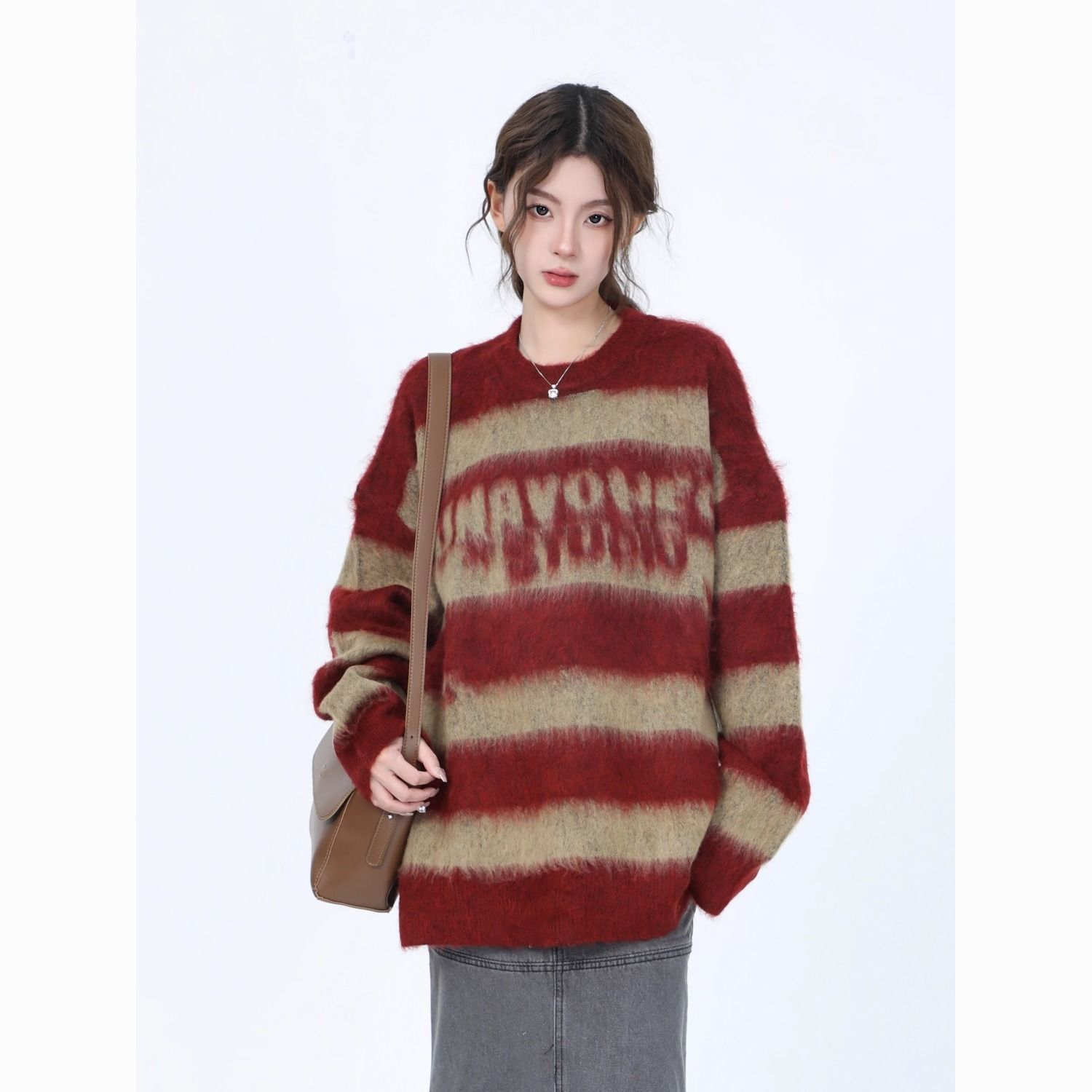 American retro contrast color lazy style sweater for women autumn and winter new niche atmosphere couple loose sweater for outer wear