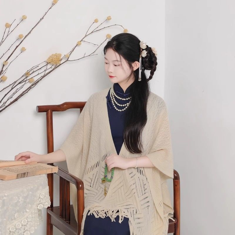 氣質優雅淑女范旗袍外搭披肩2023年秋冬季新款百搭流蘇開衫