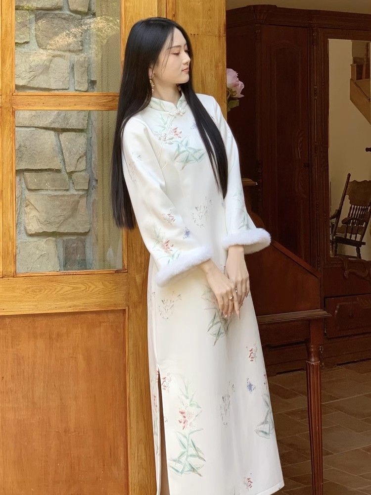空谷百合麂皮絨加絨加厚旗袍秋冬 連衣裙年輕款高級感少女新中式