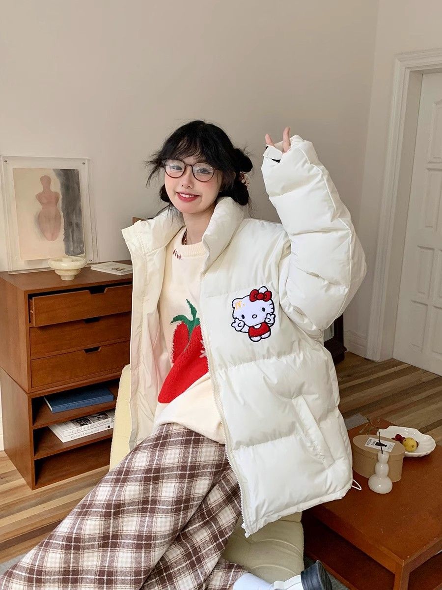 国潮美式卡通凯蒂猫刺绣棉衣棉服女冬季情侣立领加厚面包服外套