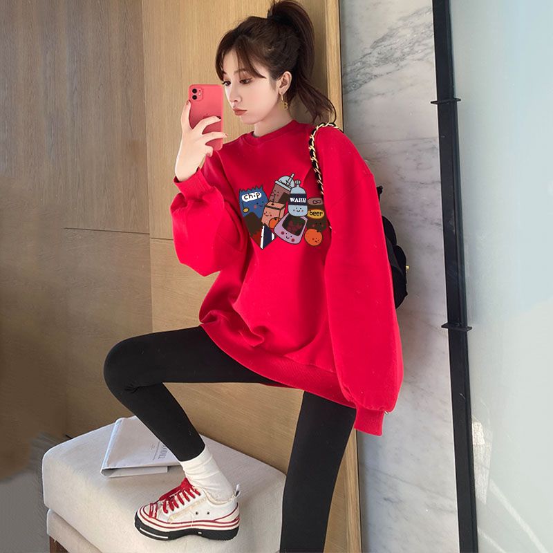 小個子圓領紅色字母印花衛衣女薄款韓版寬鬆2023年新款春秋潮ins