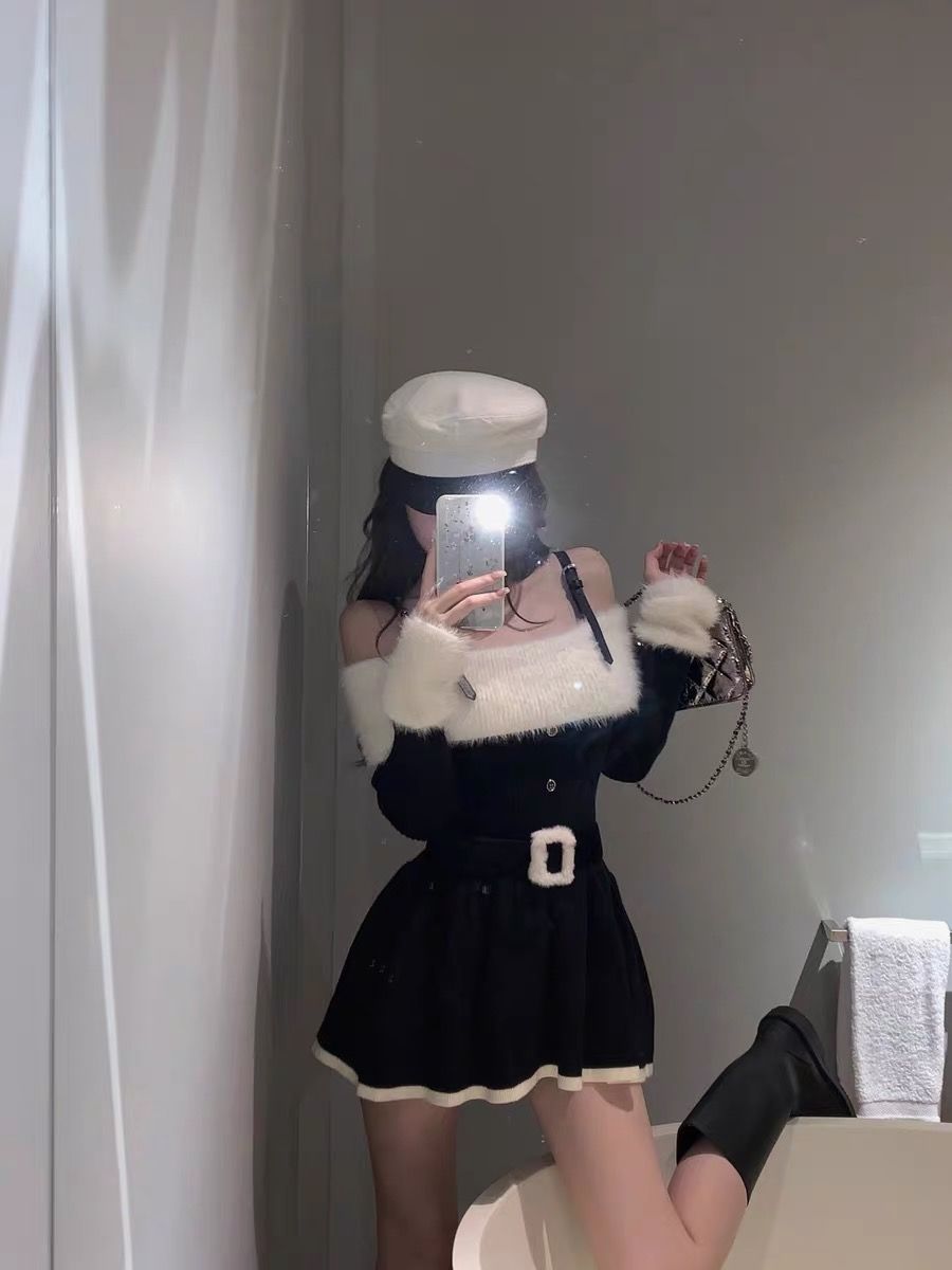 拼接黑白撞色長袖連衣裙女秋冬辣妹一字肩吊帶針織裙子純欲風短裙
