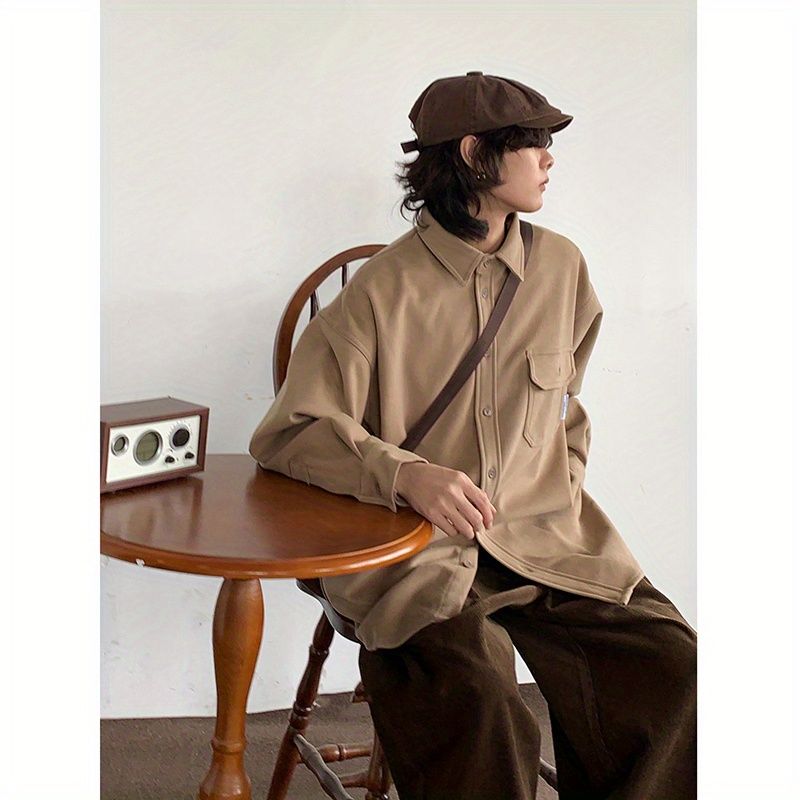 两件装/单件日系冬季柔软厚实毛呢衬衫加厚宽松纯色休闲外套套装