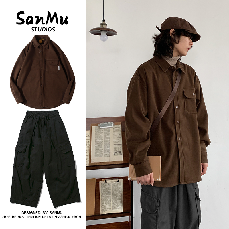 两件装/单件日系冬季柔软厚实毛呢衬衫加厚宽松纯色休闲外套套装
