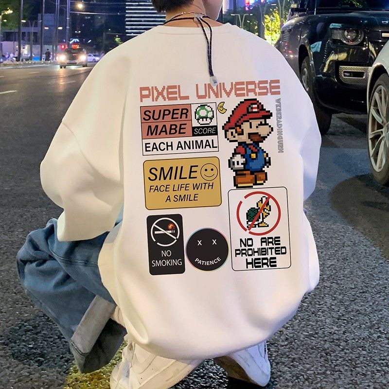 美式超級瑪麗衛衣無帽男款秋冬季圓領潮牌加絨加厚寬鬆休閒上衣服