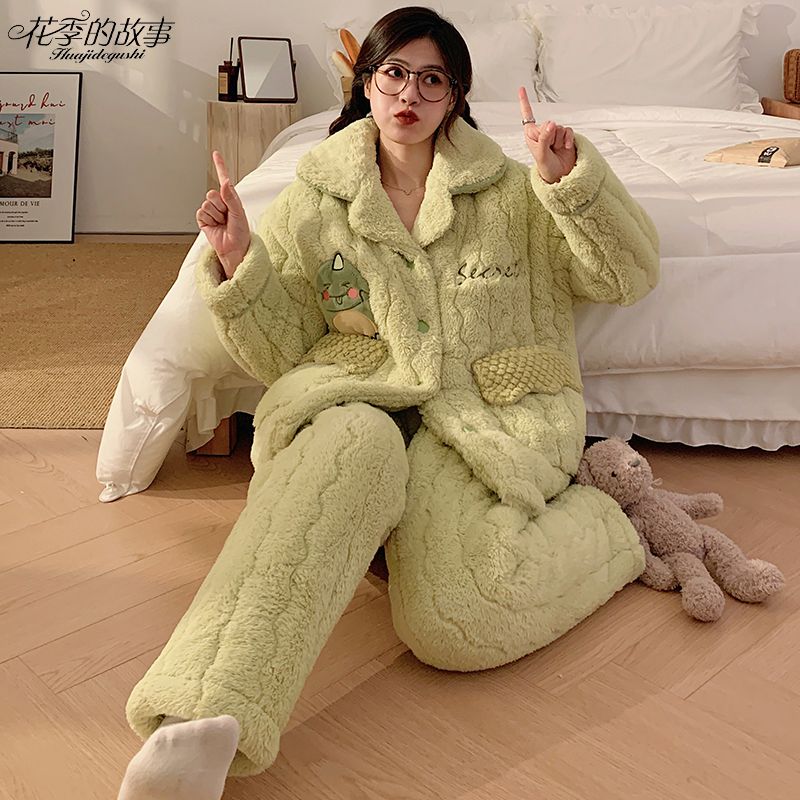 花季的故事睡衣女三層夾棉冬天巨厚棉襖套裝卡通可愛家居服可外穿