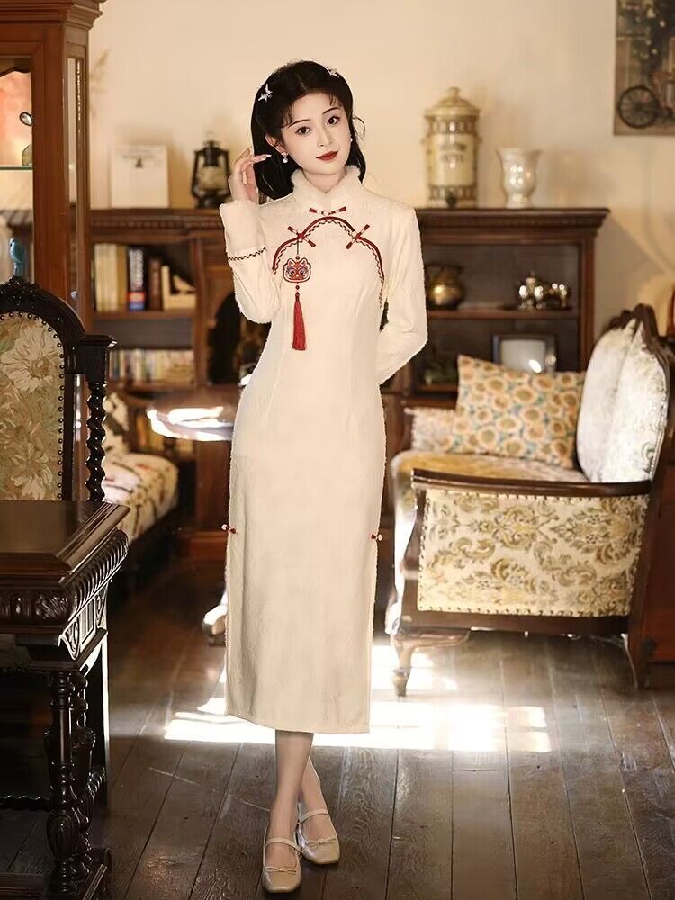 白色旗袍2023新款女新中式冬季長袖加厚保暖加絨國風高貴氣質日常