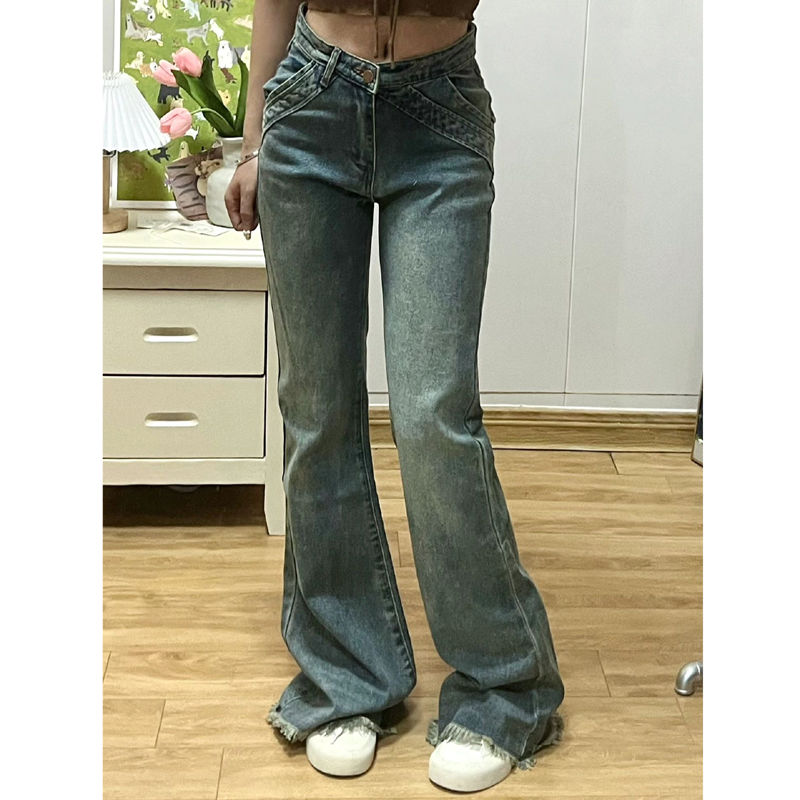 美式復古做舊毛邊微喇牛仔褲女小個子高腰彈力直筒顯瘦馬蹄長褲潮