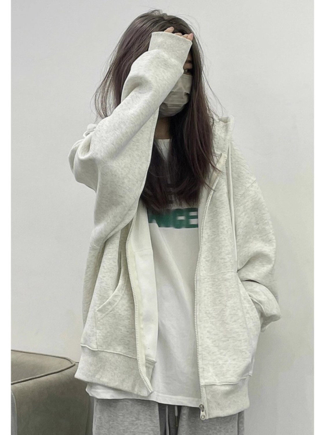 美式灰色連帽衛衣女春秋薄款慵懶bf休閒寬鬆運動加絨拉鏈開衫外套