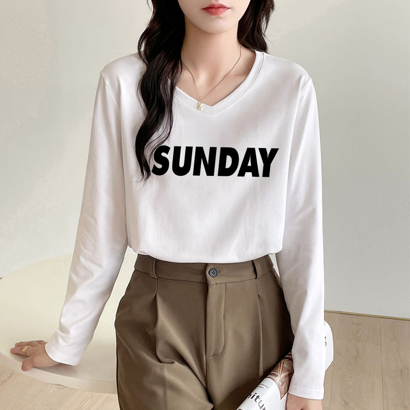 2023 autumn and winter clothing large size loose pure cotton white long-sleeved bottoming shirt for women mid-length V-neck T-shirt women's tops