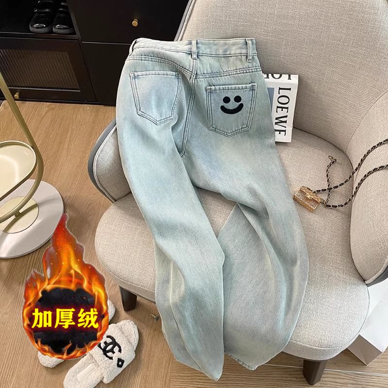 笑臉刺繡加絨加厚直筒牛仔褲女2023秋冬新款高腰寬鬆顯瘦闊腿長褲