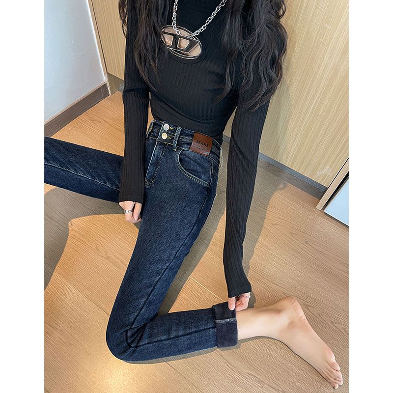 洋氣小腳牛仔褲女2023高腰提臀修身設計感時尚裝緊身鉛筆褲雙排扣