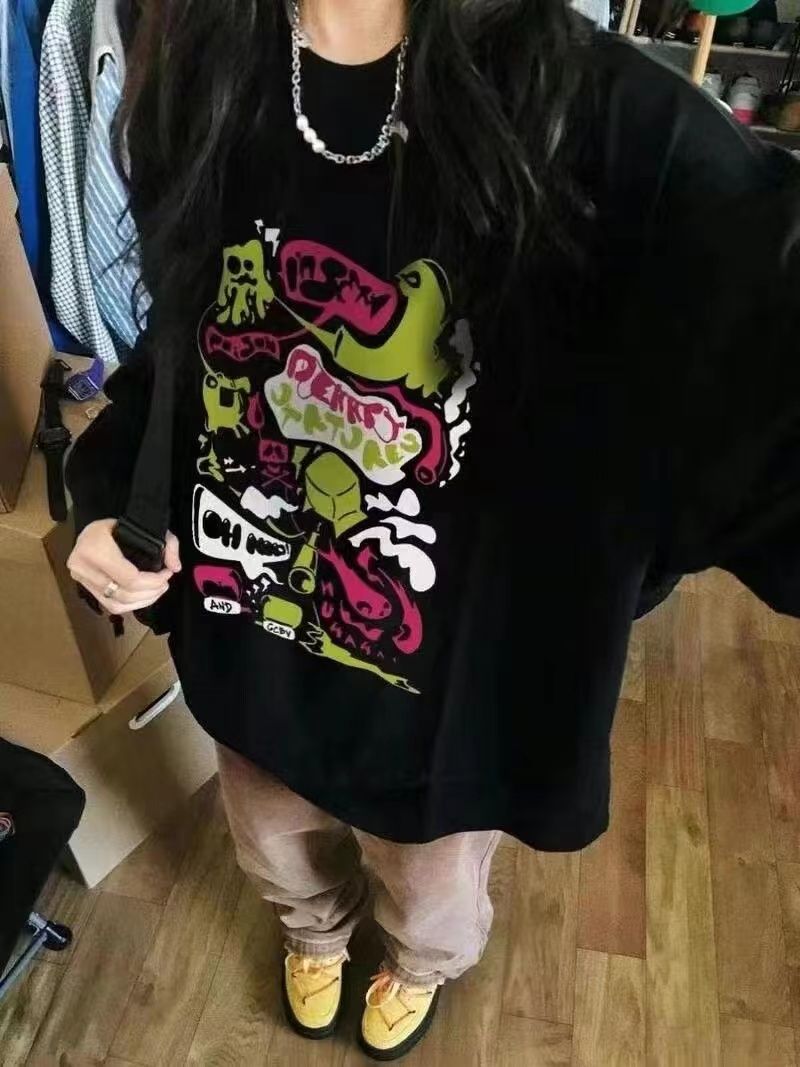 趣味印花長袖t恤女設計感小眾美式高街寬鬆情侶百搭ins潮上衣