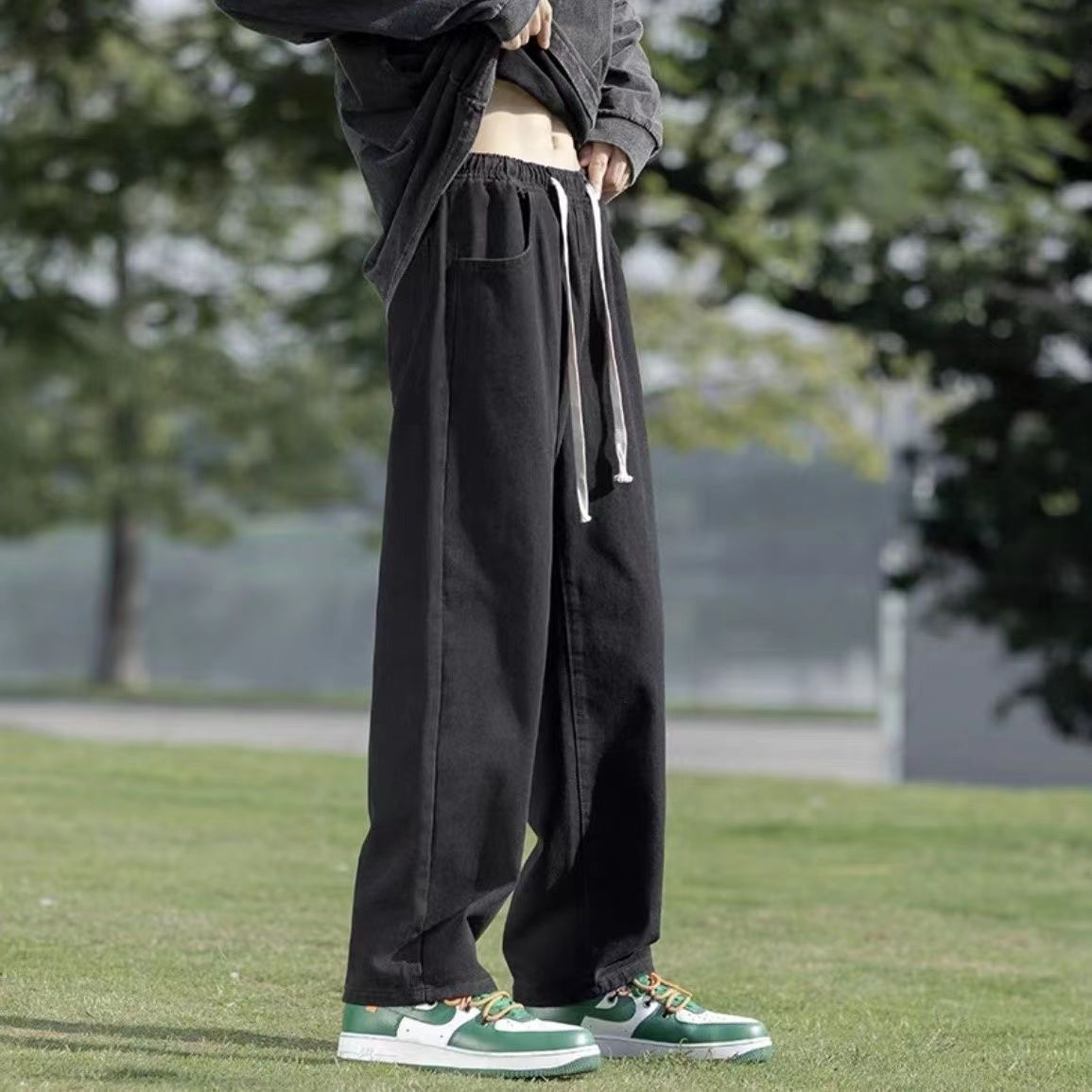 美式潮流黑色鬆緊腰牛仔褲男秋冬季vibe風寬鬆百搭休閒直筒長褲子