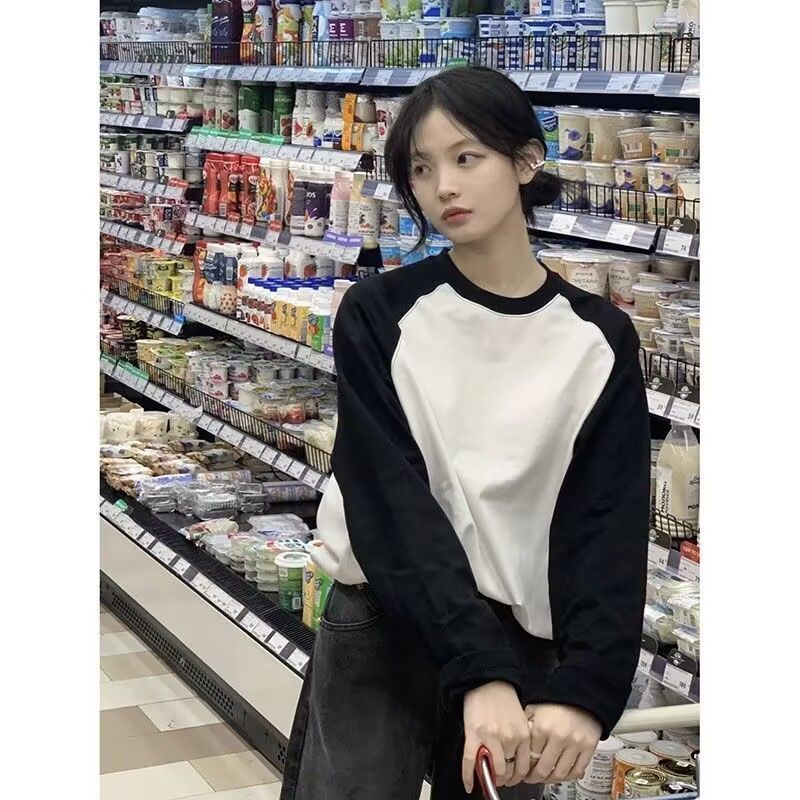 純棉t恤女長袖薄款寬鬆插肩黑白拼接上衣2023美式春秋打底衫內搭