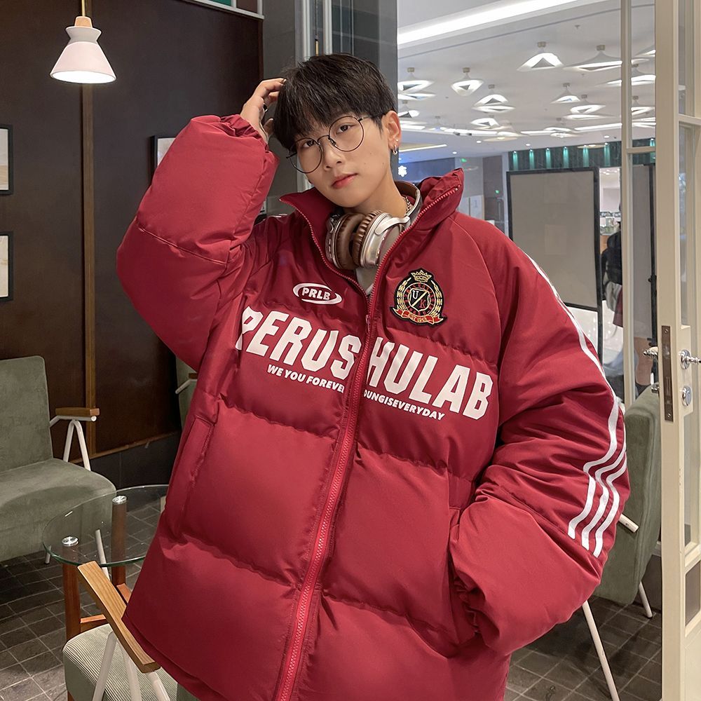 酒紅色條紋羽絨棉服男款冬季美式高街機車服棉衣外套潮牌冬裝襖子