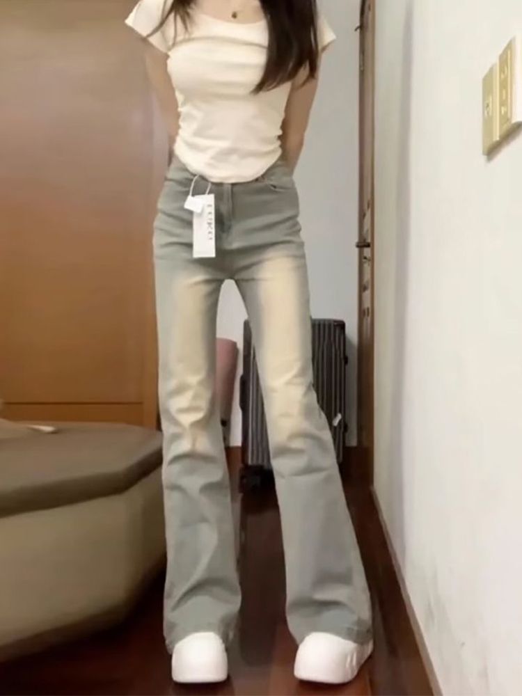 做舊復古微喇牛仔褲女冬季新款高腰修身顯瘦百搭直筒拖地喇叭褲子