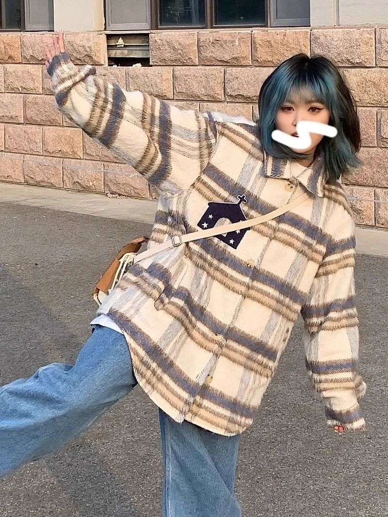 2023新款美式復古毛呢格紋小香風外套女春秋季新款oversize寬鬆