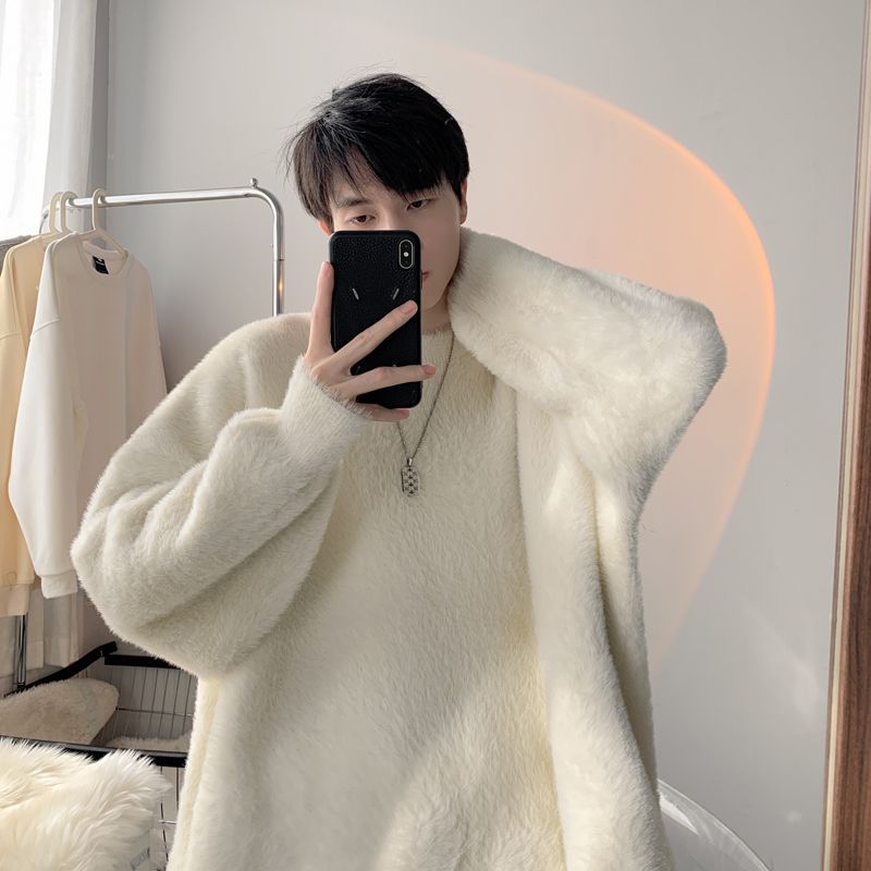 奶白色美拉德毛衣男冬季加絨加厚保暖慵懶風新款針織衫圓領打底