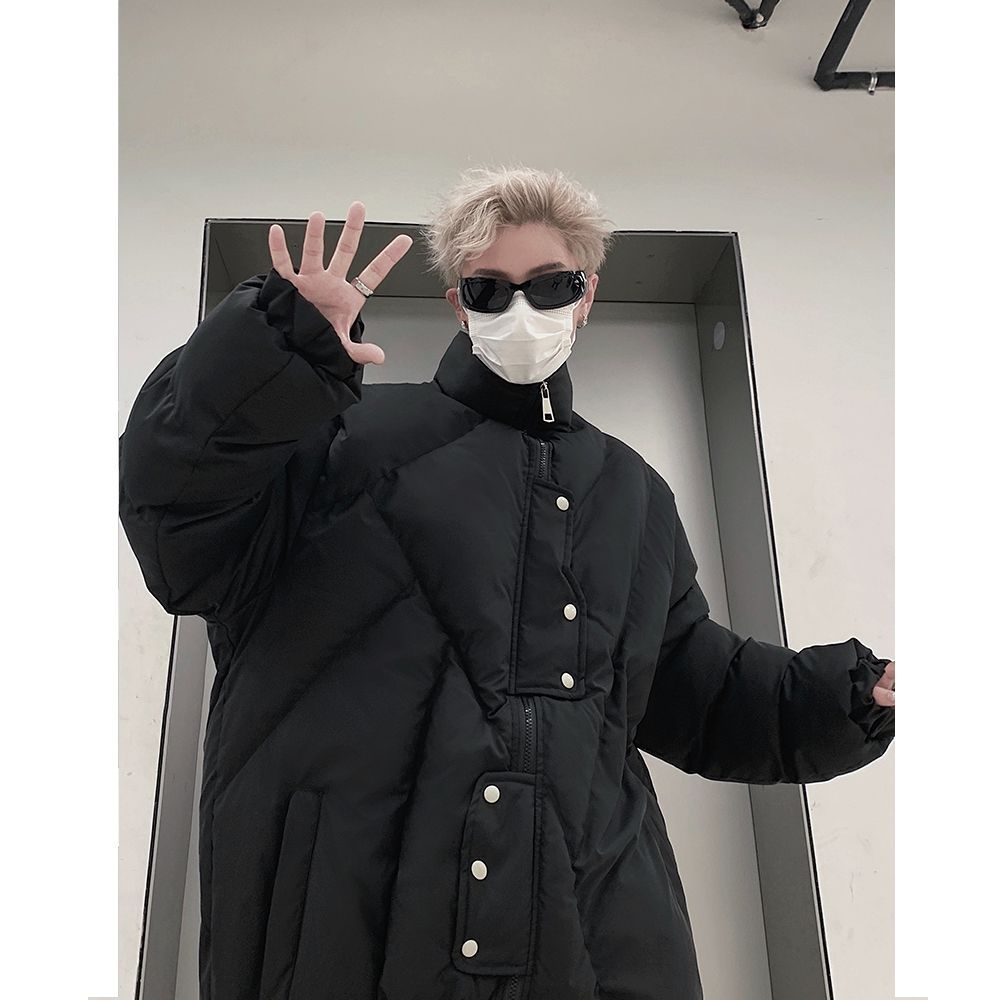 純黑色高街立領棉衣男冬季美式高級感小眾麵包服潮流寬鬆保暖棉服