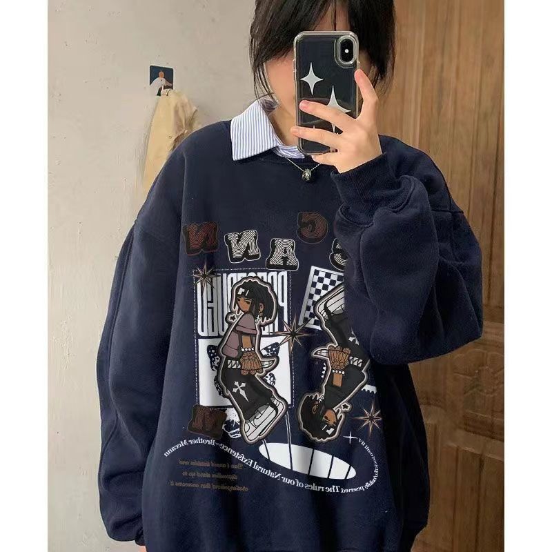 秋冬季加絨加厚藏青色垂墜感慵懶圓領衛衣女oversize寬鬆上衣服