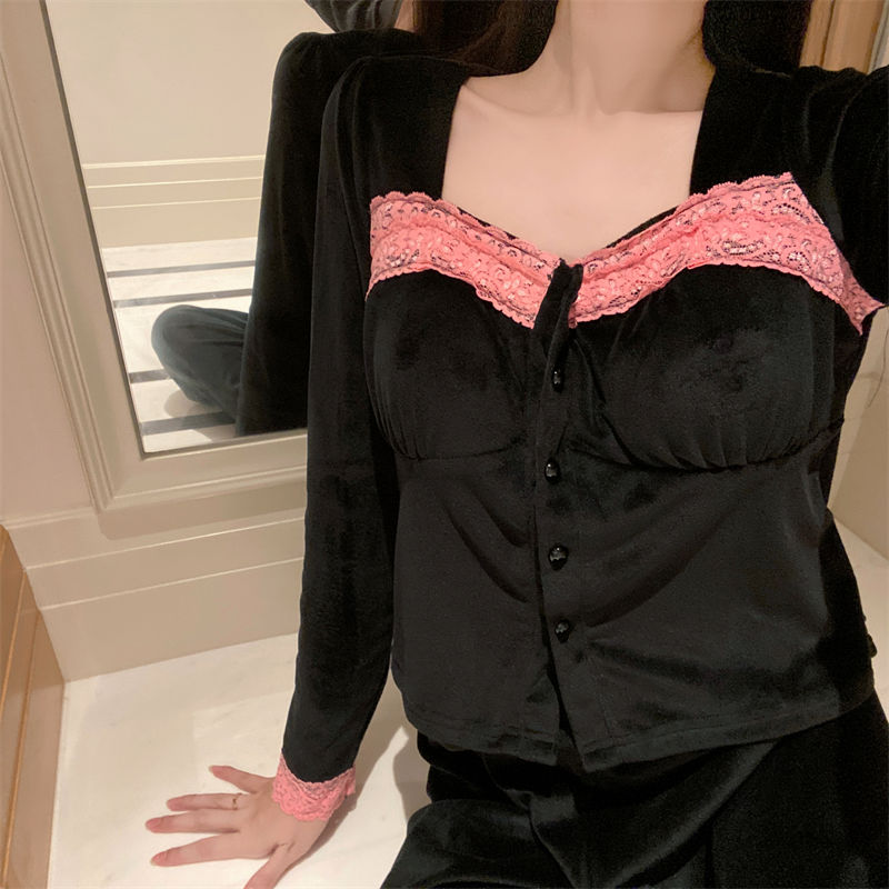 【帶胸墊】睡衣女春秋冬季法式黑色海島絨小性感蕾絲花邊兩件套裝