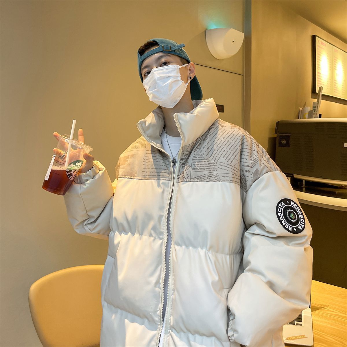 潮牌棉服男加厚拼接pu皮短款棉襖外套男秋冬季寬鬆麵包服美式棉衣