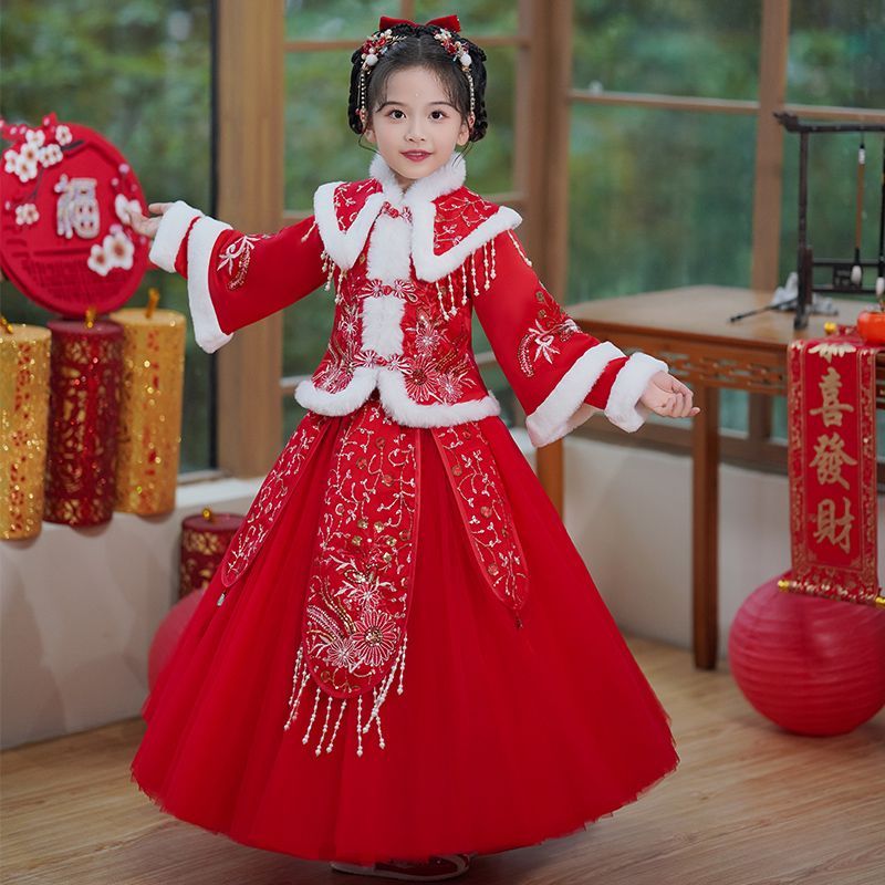 漢服女童冬季裙子2023新款秋冬公主裙拜年服兒童冬裝加厚連衣裙冬