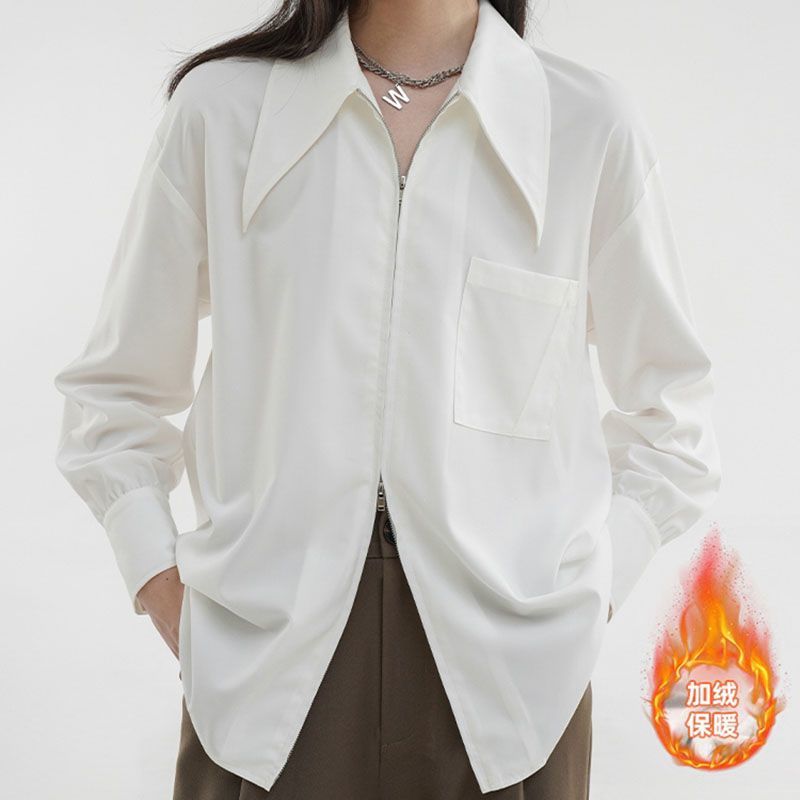 雙拉鏈加絨白襯衫女加厚長袖內搭襯衣秋冬新款設計感顯瘦簡約上衣