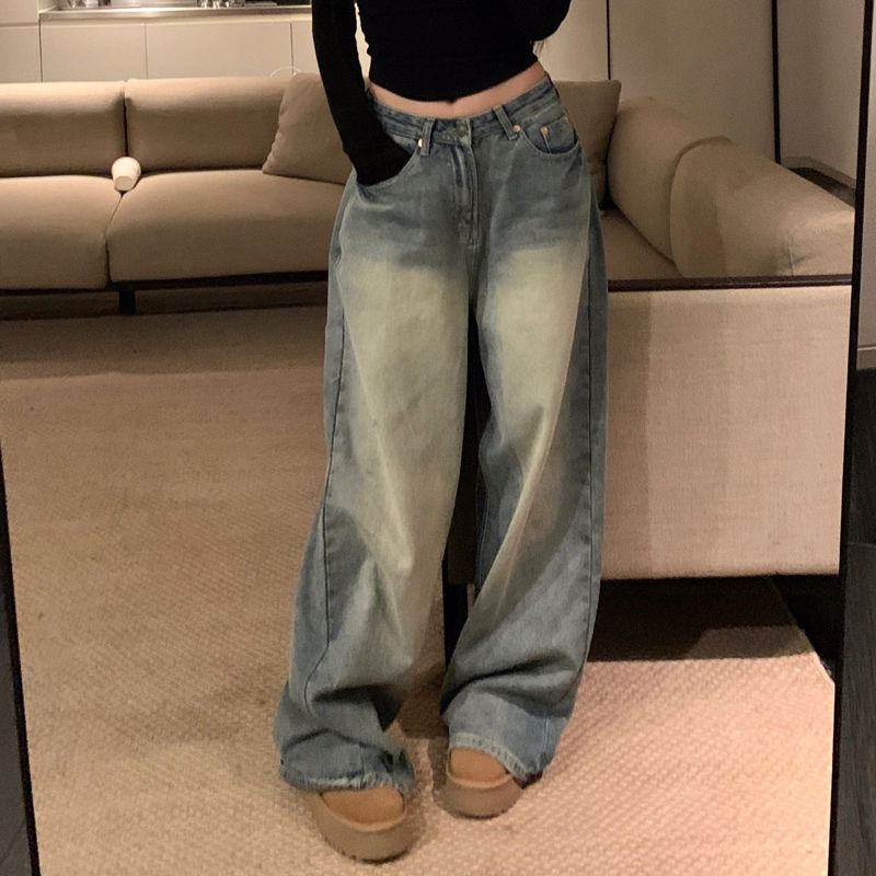 美式復古做舊淺色高腰闊腿牛仔褲女小個子辣妹直筒顯瘦拖地長褲潮