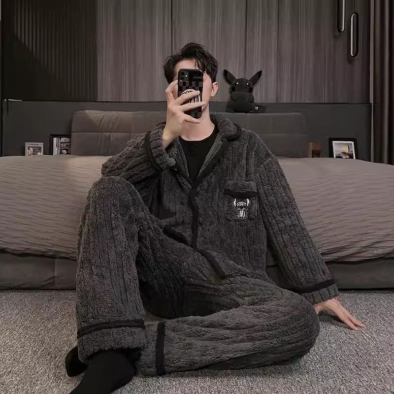 史迪仔珊瑚絨睡衣男士秋冬季加厚加絨法蘭絨開衫可外穿家居服套裝