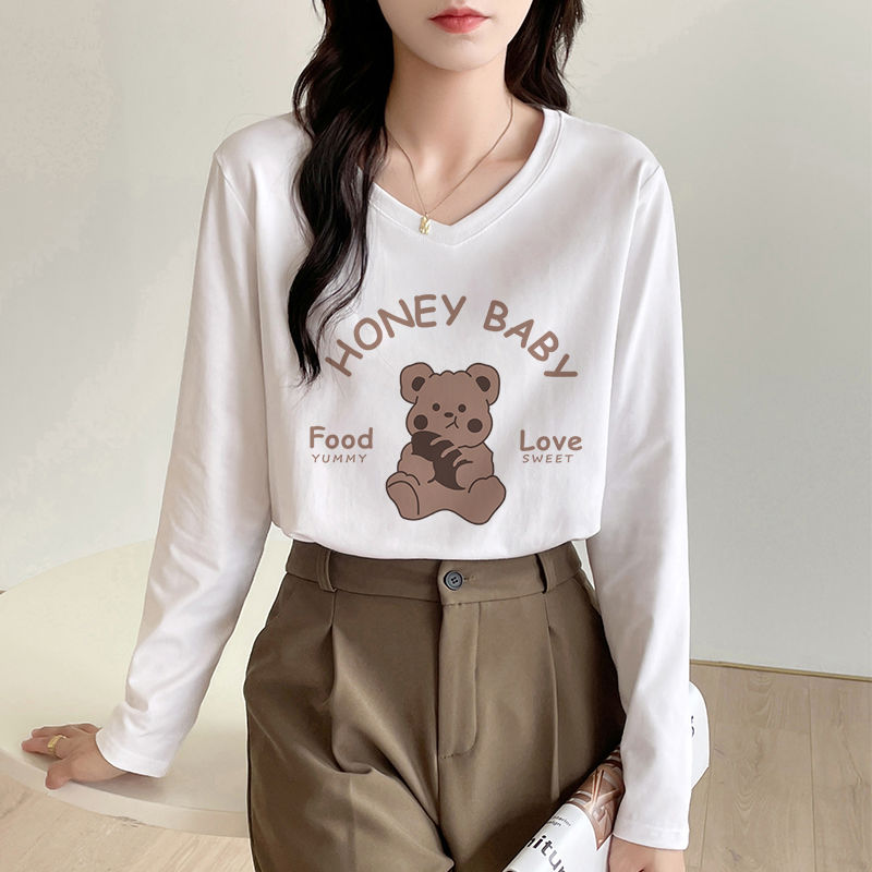 White long-sleeved V-neck layered mid-length pure cotton T-shirt women's tops autumn casual simple loose and versatile bottoming shirt