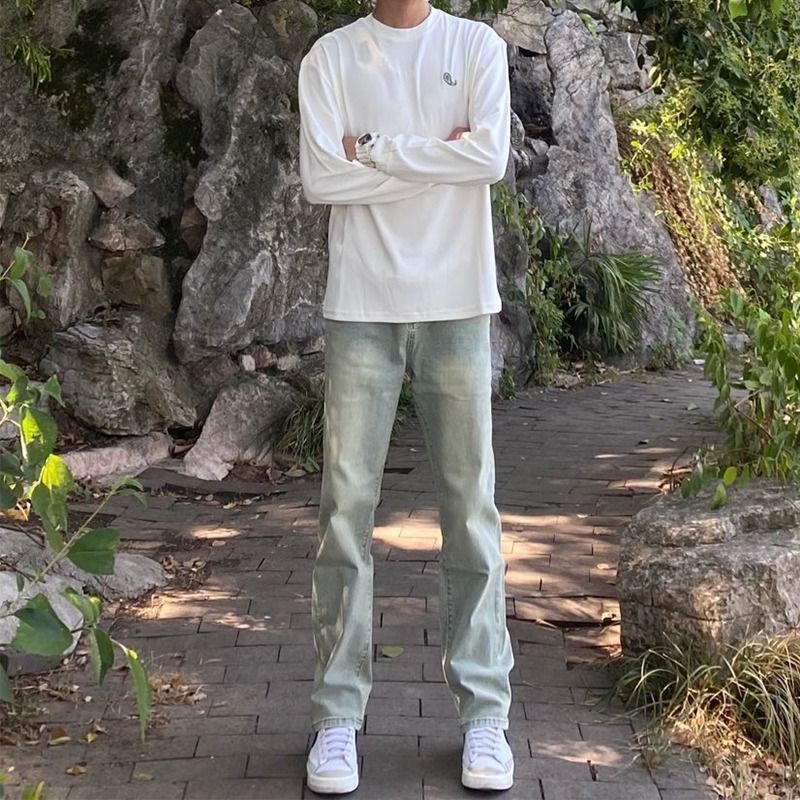 美式vibe風黃泥染牛仔褲男秋冬季高街顯瘦復古做舊休閒直筒長褲潮