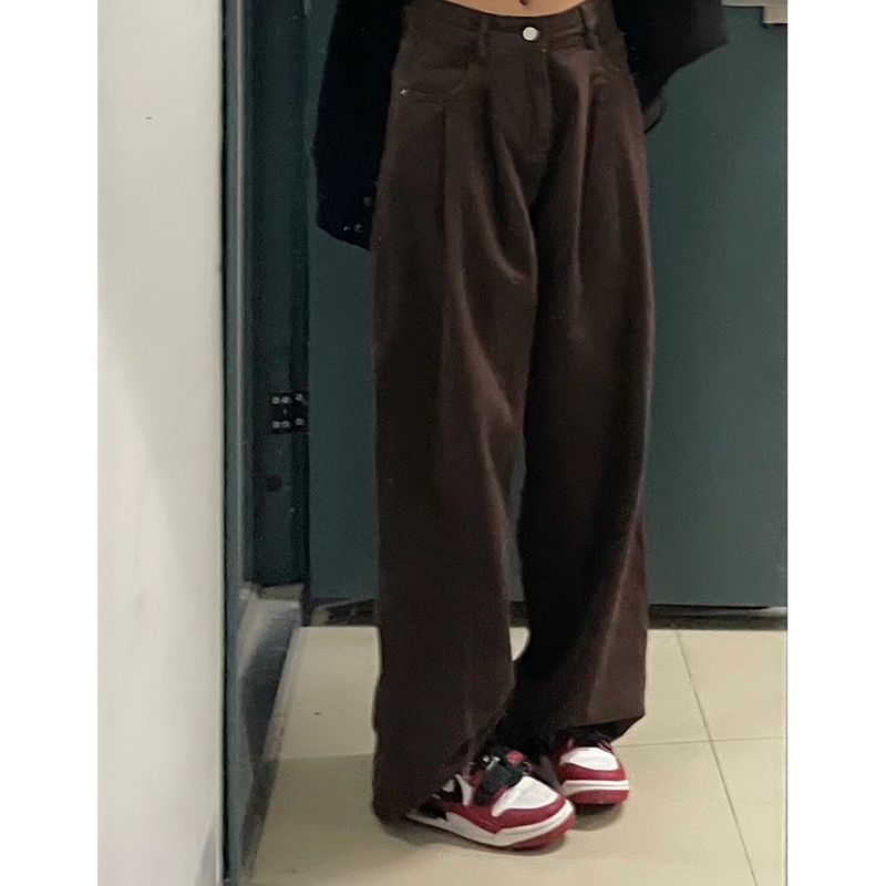 美式復古咖色闊腿牛仔褲女秋冬新款高腰直筒顯瘦寬鬆垂感拖地褲潮