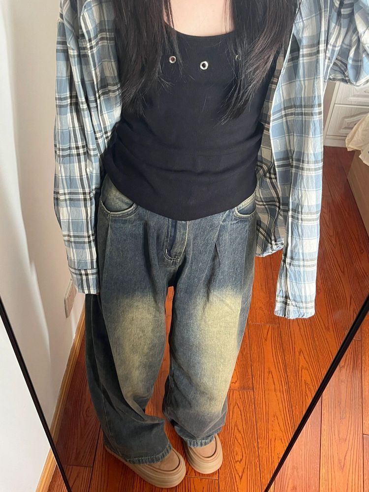 復古褶皺高腰闊腿牛仔褲女秋季爆款設計感寬鬆顯瘦垂感拖地長褲子