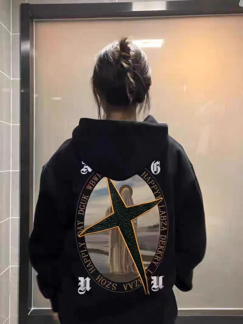 歐美復古發泡印花連帽衛衣女秋冬加絨加厚寬鬆慵懶風拉鏈開衫外套