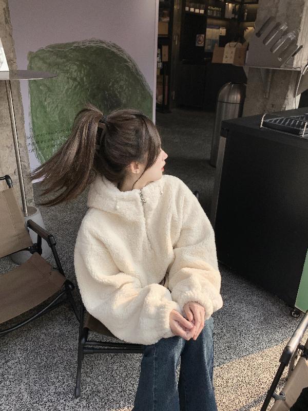 休閒慵懶風羊羔毛衛衣外套女秋冬款洋氣時尚休閒百搭保暖毛絨外套