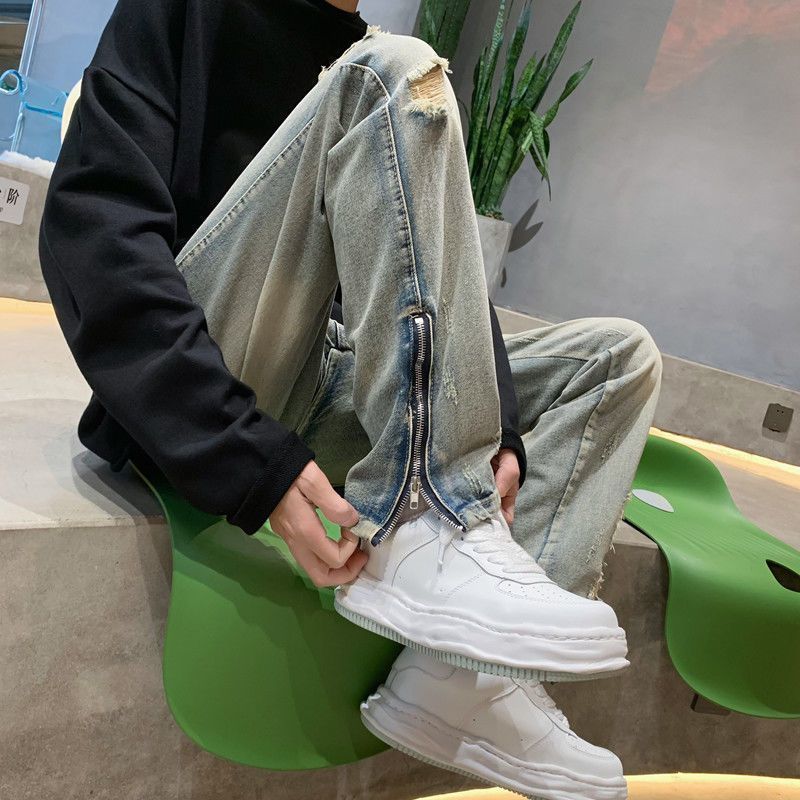 美式vibe風破洞牛仔褲潮男秋季設計感小眾潮流拼接開叉拉鏈長褲子
