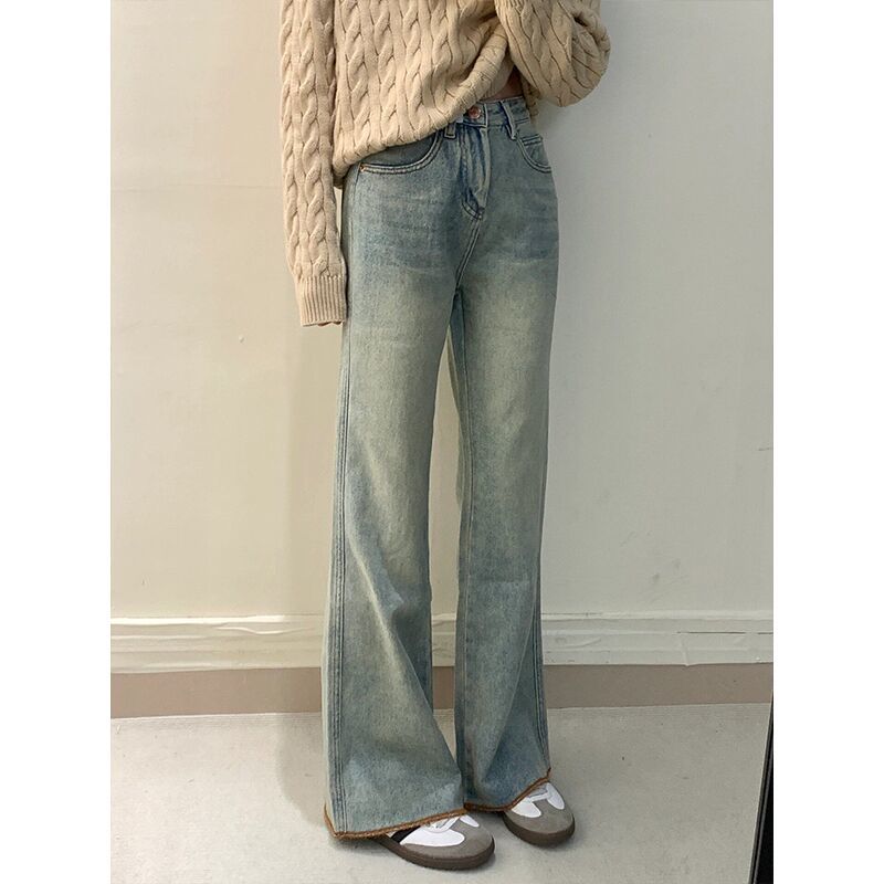 美式復古175加長微喇牛仔褲女秋冬新款高腰毛邊顯瘦拖地闊腿褲子