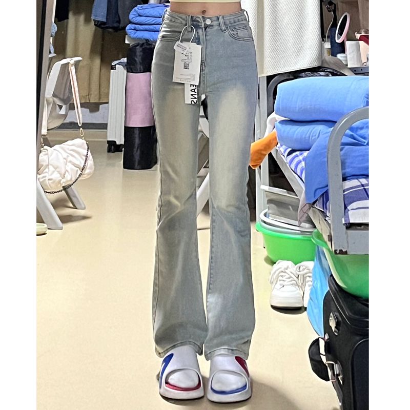復古做舊淺色微喇叭牛仔褲女小個子辣妹高腰彈力顯瘦直筒長褲子潮