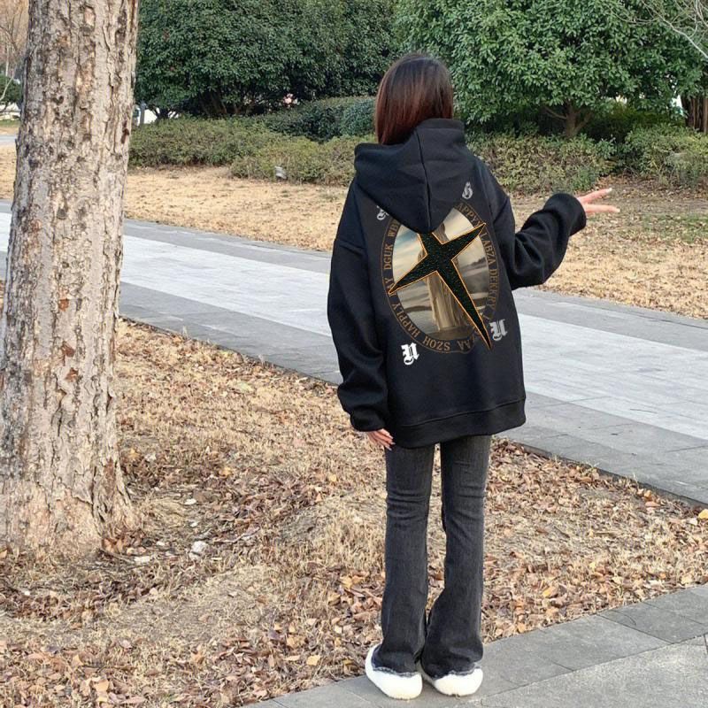 潮牌ins高街發泡印花連帽衛衣女秋冬加絨加厚寬鬆慵懶風外套上衣