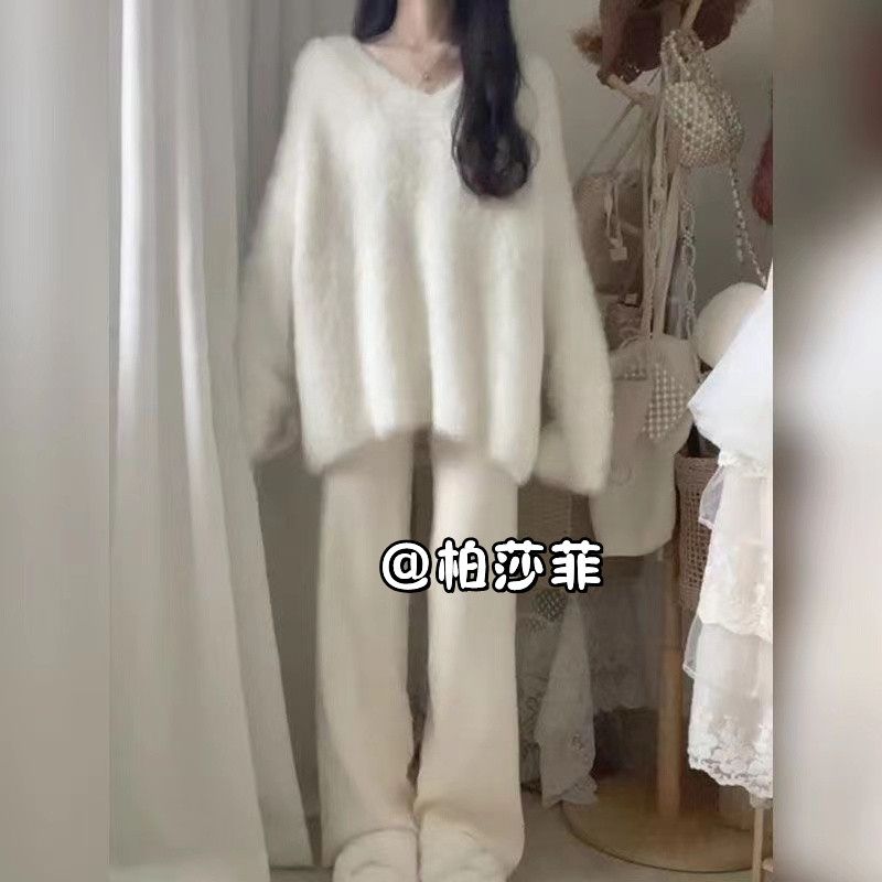 超仙氣超好看的白色毛針織衫套裝女秋冬款奶呼呼毛衣休閒褲兩件套