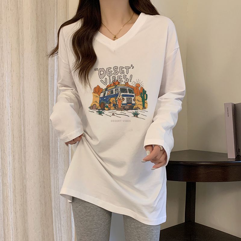 白色v領長袖t恤女2023基礎款百搭寬鬆顯瘦內搭打底衫印花上衣