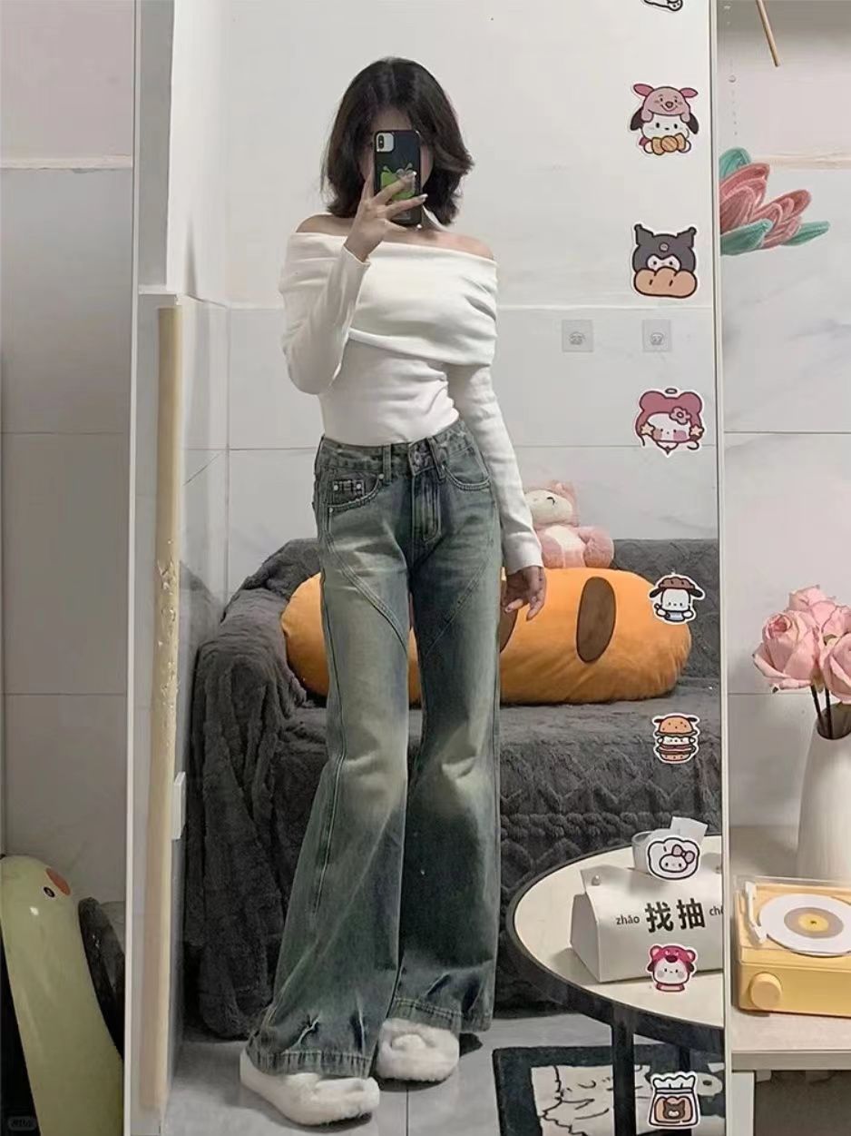 復古藍做舊寬鬆直筒牛仔褲女秋冬新款水洗拼接設計垂感拖地闊腿褲
